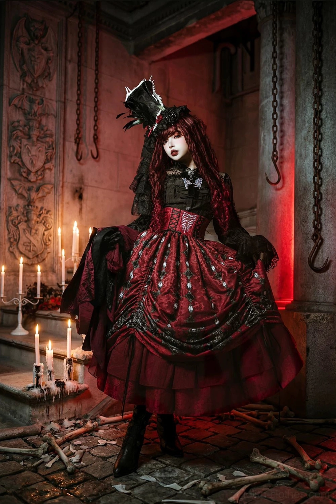 Black jacquard Gothic Lolita waistcoat texture and fabric detail showcasing premium quality