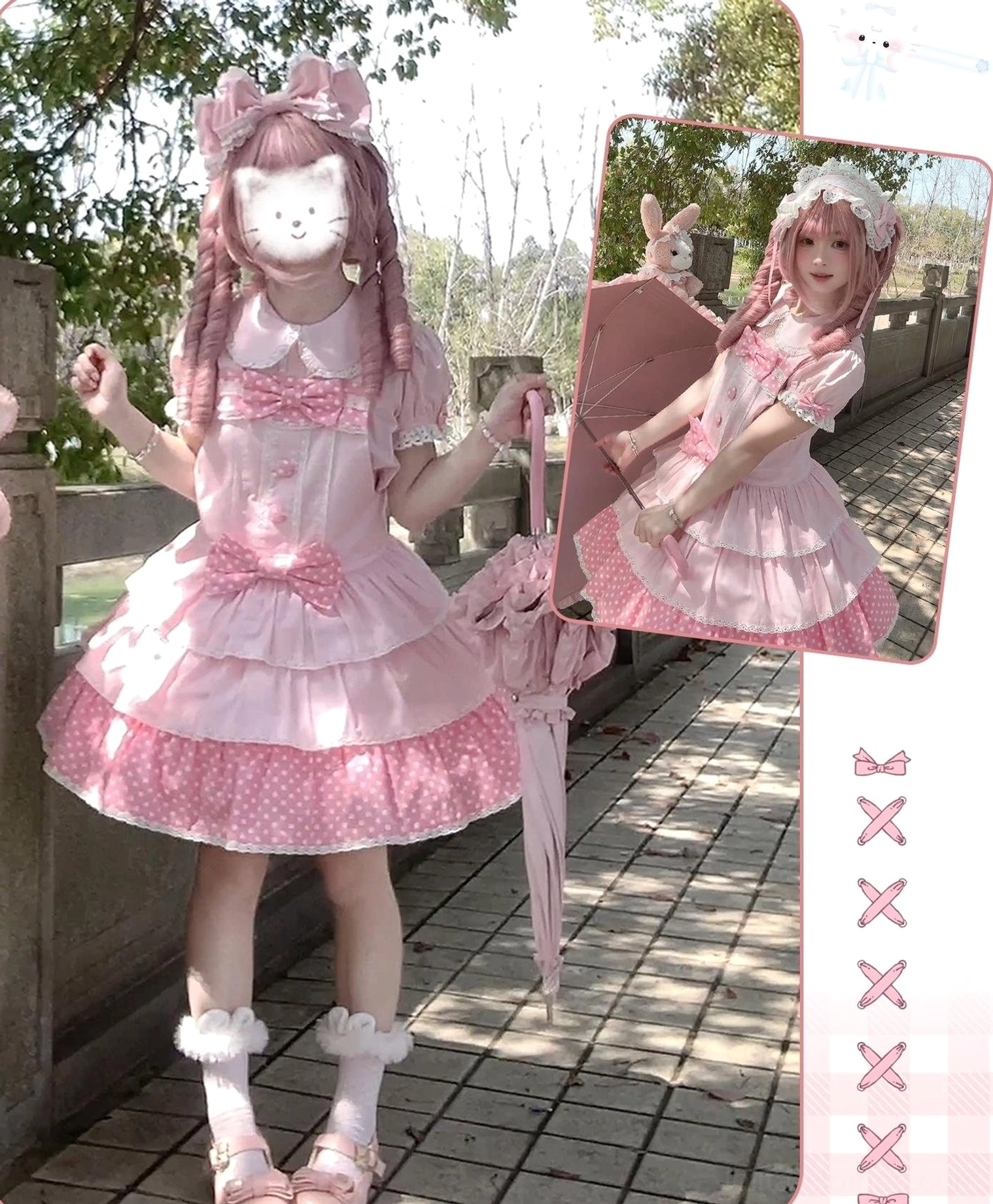 Black kc headband accessory with built-in wire and adjustable bow for sweet lolita fashion styling