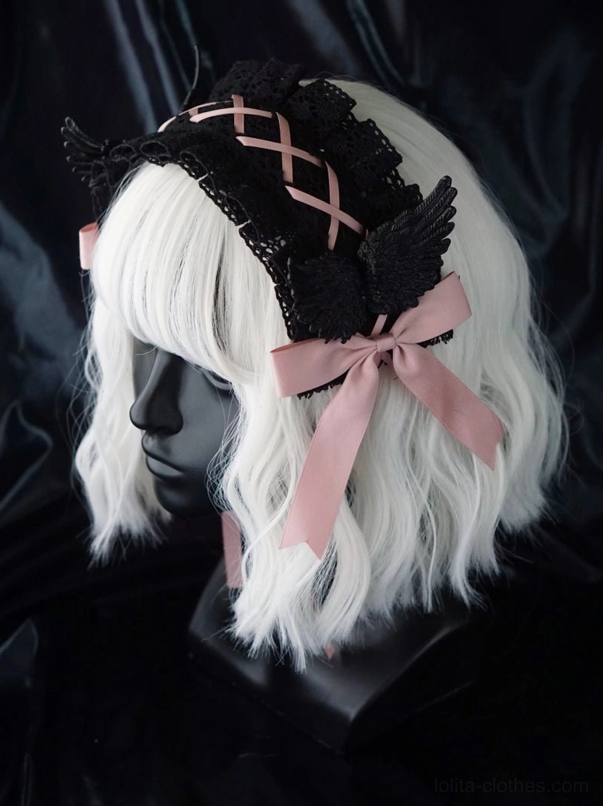 Black lace lolita headdress paired with sailor-style gothic dress showing complete outfit coordination and fashion matching suggestions