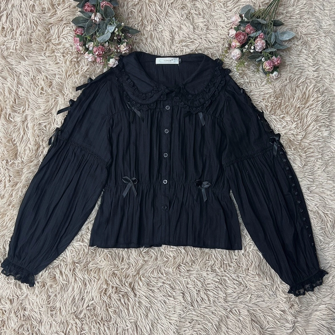 Black and lace sweet lolita blouse long sleeve doll collar puff sleeves elegant wear