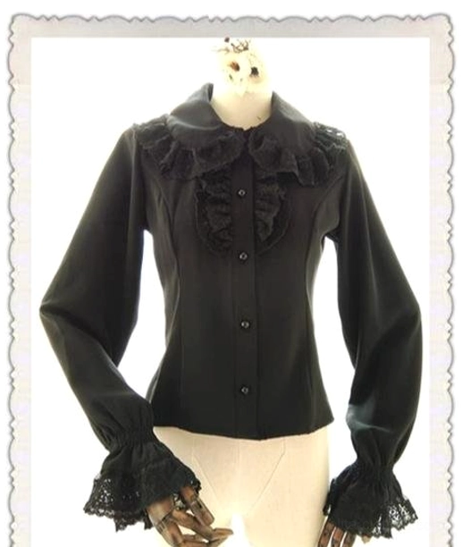 Black classic Lolita chiffon blouse with Peter Pan collar and lace trim, featuring voluminous puff sleeves and ruffled tulle cuffs, displayed on mannequin with decorative flower headpiece