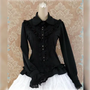 Black elegant lolita blouse with lace trim and peter pan collar front view paired with white petticoat