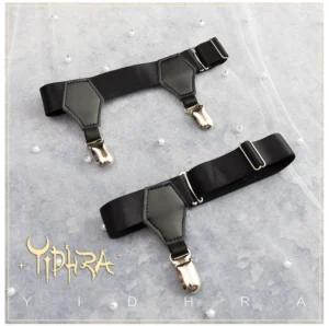 Black Lolita anti-slip thigh high stocking garter clips with black elastic straps faux leather tabs and silver metal clips
