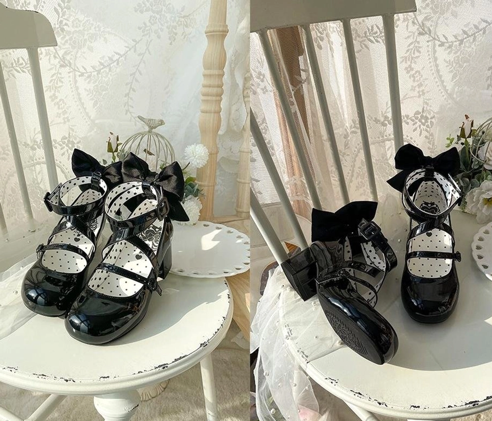 Black lolita heel shoes styling coordination flat lay with accessories lace socks ribbons