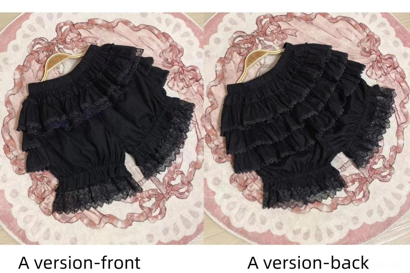Black lolita bloomers A version with classic tiered ruffle design and delicate lace hem for versatile sweet lolita wardrobe coordination