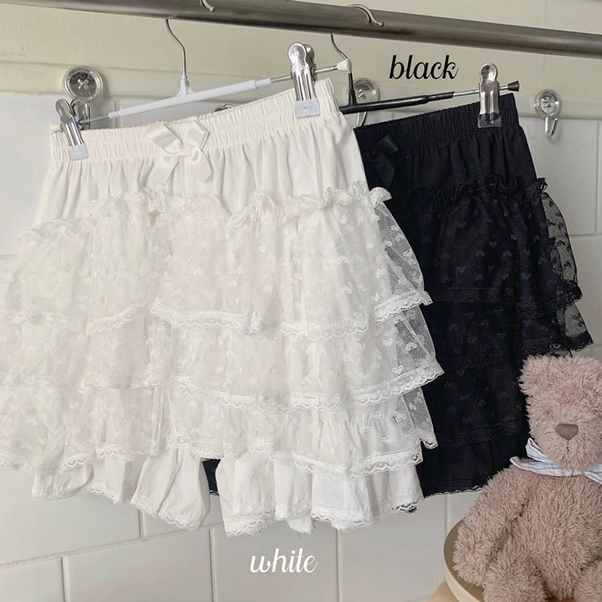 Black Lolita bloomers ruffled shorts elastic waist small bow decoration sheer mesh layered fabric gothic classic lolita styling
