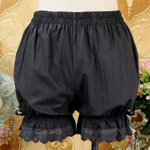 Black cotton Lolita bloomers featuring dark embroidered scalloped lace ruffled hems and small satin ribbon bows on leg openings, displayed on dress form with decorative vintage backdrop, showing authentic Lolita gathered silhouette