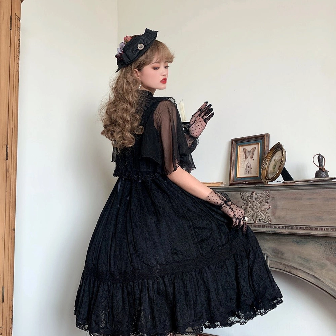 back view black lolita blouse with lace details sheer chiffon sleeves and floral lace pattern