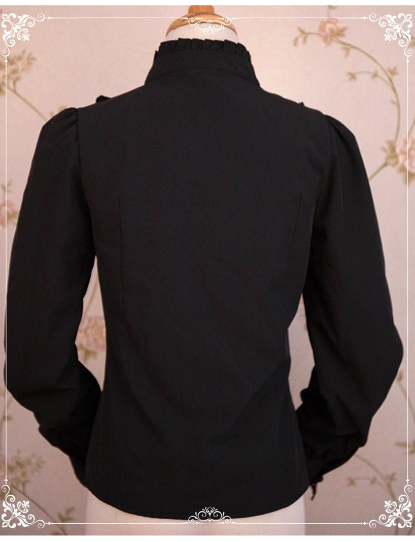 Back view of black stand collar puff sleeve Lolita blouse showing seamless silhouette and elasticated cuff ruffles