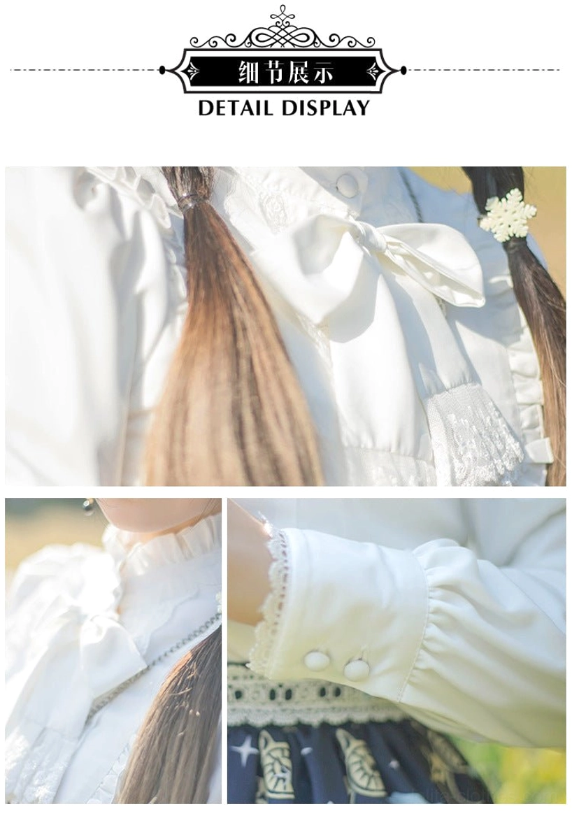 Black stand collar puff sleeve Lolita blouse detail view showing button placket front closure lace embellishments and sleeve structure