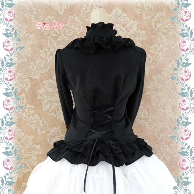 Black Lolita stand collar blouse complete back view full lace-up closure satin ribbon ties and ruffled bottom hem