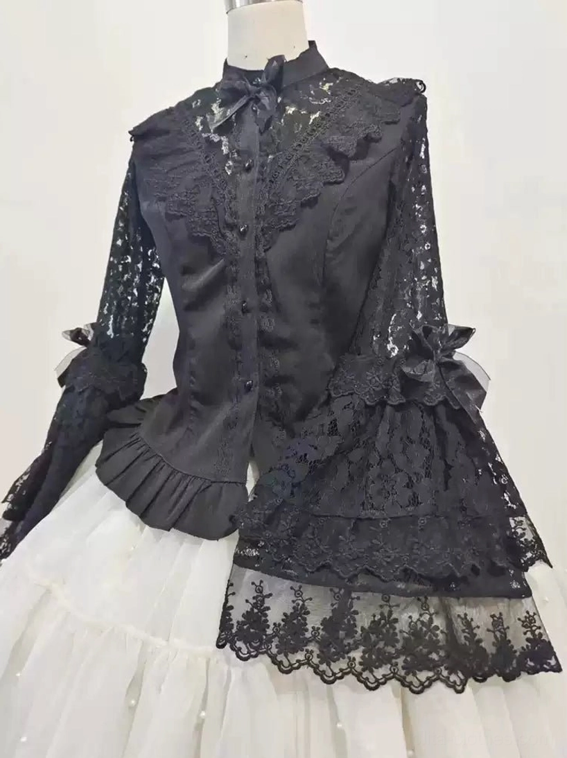 Black elegant Lolita blouse paired with white skirt outfit showing lace-trimmed stand collar with neck bow, floral lace trumpet sleeves, fitted waist, ruffled hem with lace overlay details in complete coordinate