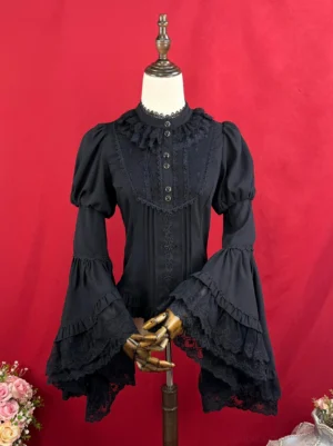 Black classic Lolita blouse with double-layer ruffled scalloped collar and signature Juliet princess sleeves, front view on dress form