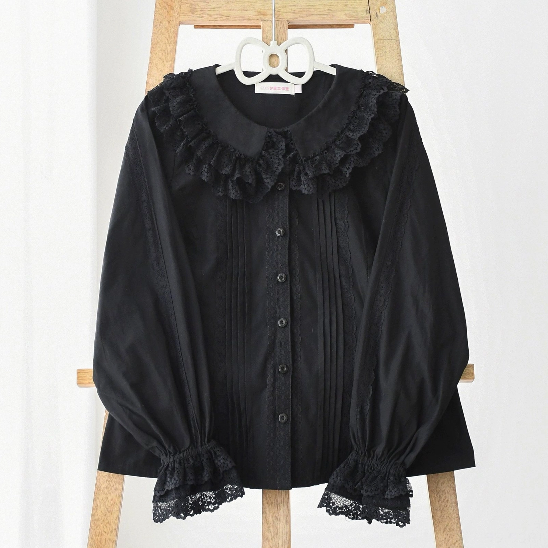 Classic black Lolita blouse featuring pure cotton construction, square neckline with lace trim, long lantern sleeves with elastic lace-trimmed cuffs, front button placket and pleated chest panel for timeless Gothic and Classic Lolita coordinates