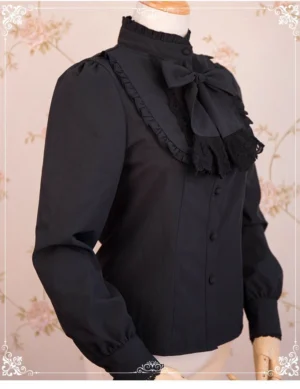 Black stand collar long sleeve Lolita blouse with puff sleeves lace trim and button placket on dress form three-quarter view