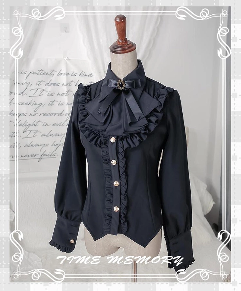 Black Lolita blouse velvet version showing premium fabric quality rich color and Victorian mutton sleeve design