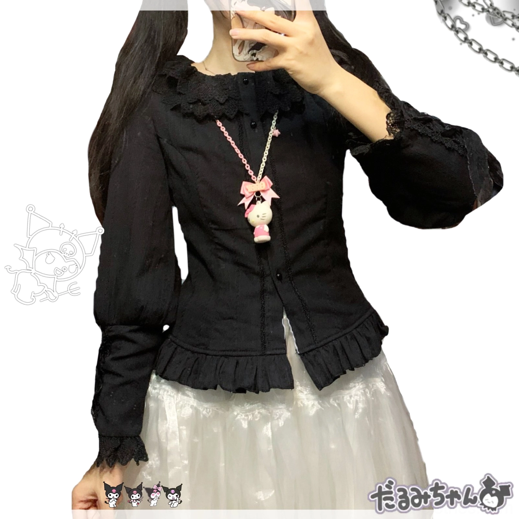 Black lolita long-sleeve blouse with ruffled lace collar, front button closure, ruffled hem, styled with white satin skirt and cute kitty pendant necklace, shown in upper body mirror selfie with twin tails hairstyle