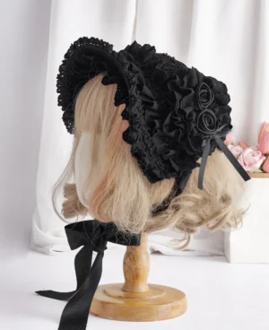 black-classic-lolita-bnt-bonnet-headdress-side-view-with-layered-ruffled-lace-and-mauve-satin-roses