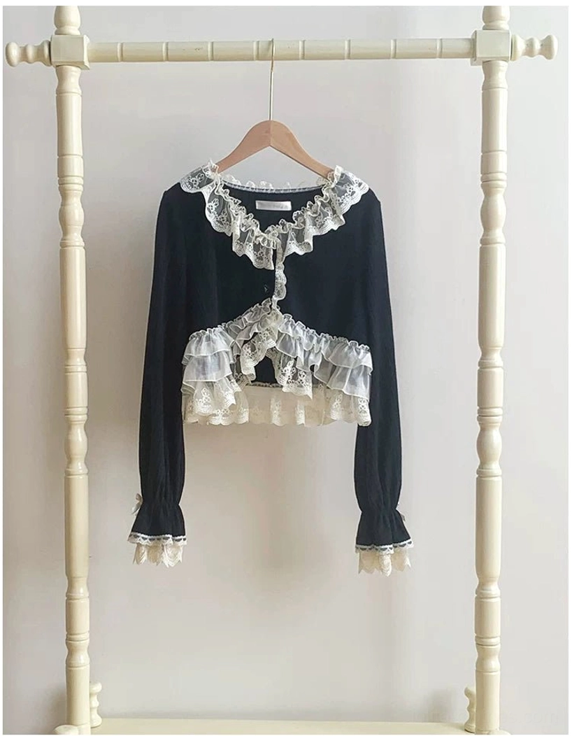Black lolita bolero with refined lace detailing showcasing classic elegant design perfect for versatile pairing with cream pastel and lavender skirts
