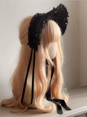 Elegant black lolita bonnet with ruffled wide brim and long satin ribbon ties, displayed on blonde wig mannequin side view