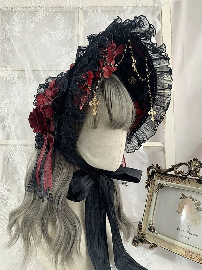 Black lolita bonnet three quarter side view ruffled lace red floral gold cross chains black neck bow