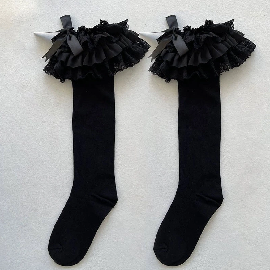 Black Lolita bow socks with black lace long version gothic elegance monochromatic sophistication coordinate styling demonstration
