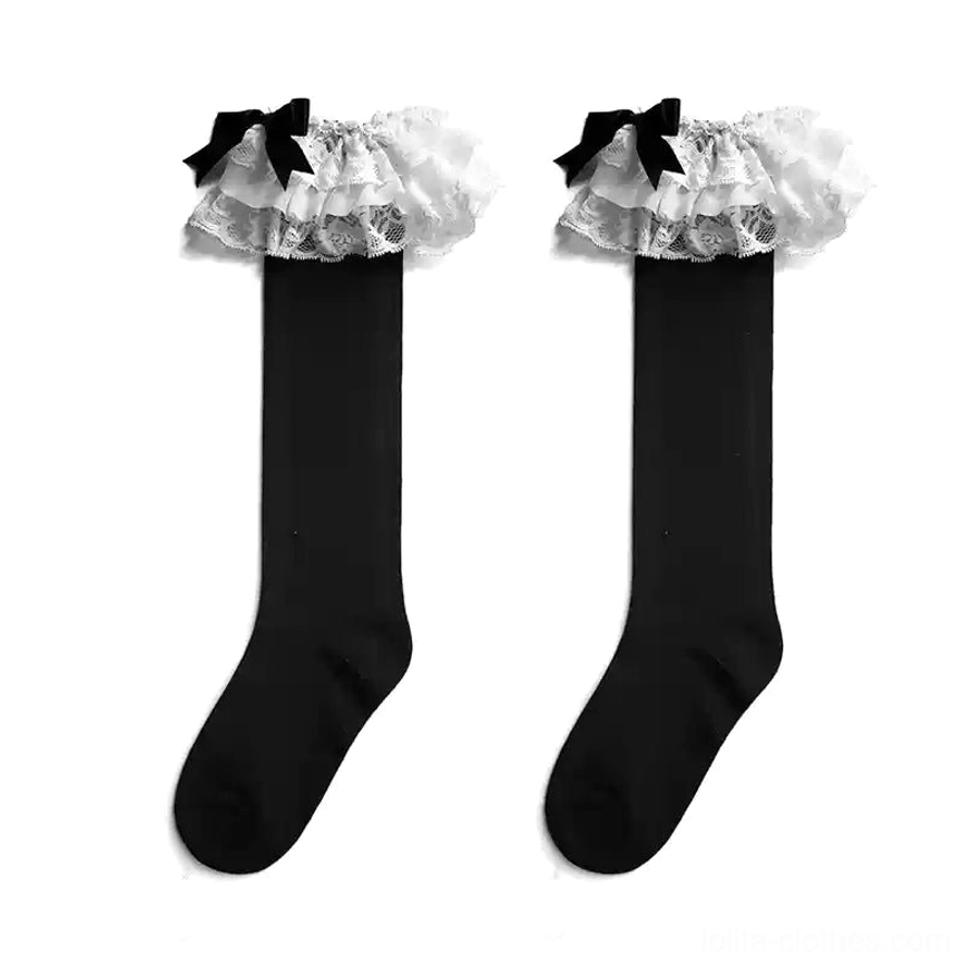 Black Lolita bow socks with white lace long version high contrast design bold delicate elements gothic coordinate styling reference
