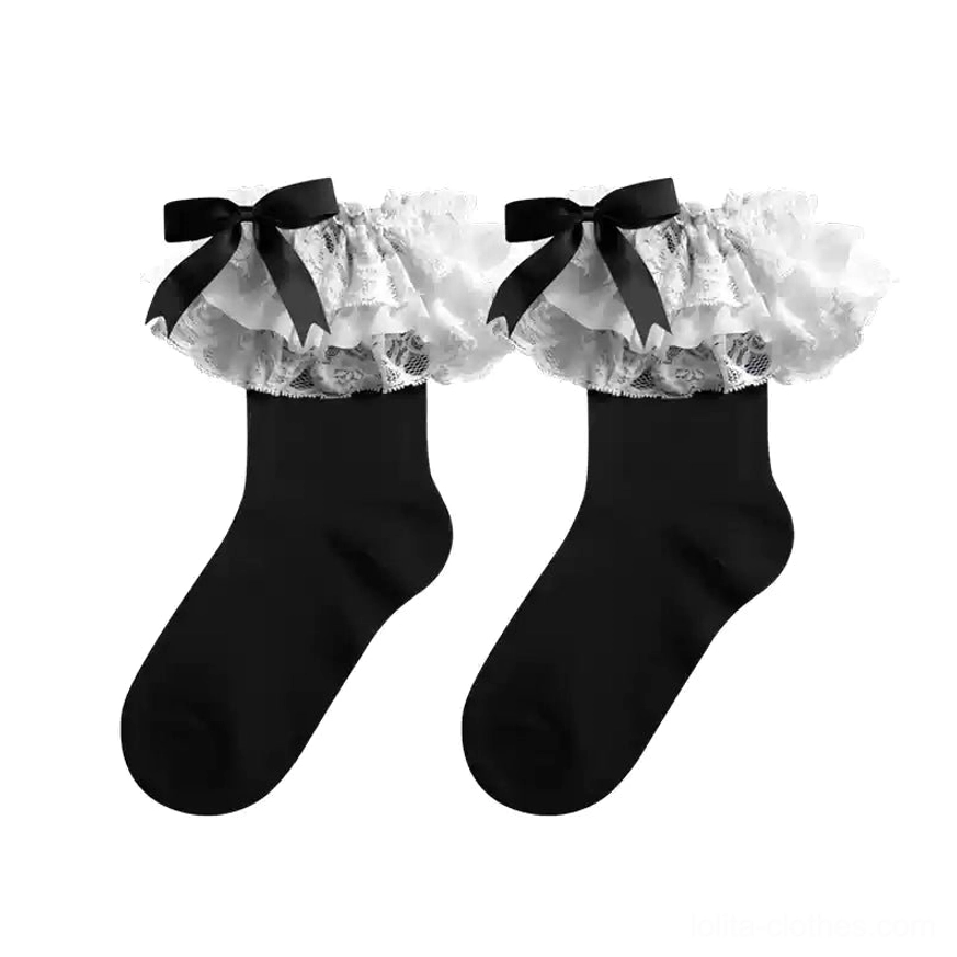 Black Lolita bow socks white lace short version mixed monochrome palette gothic sweet hybrid aesthetic versatile coordinate element