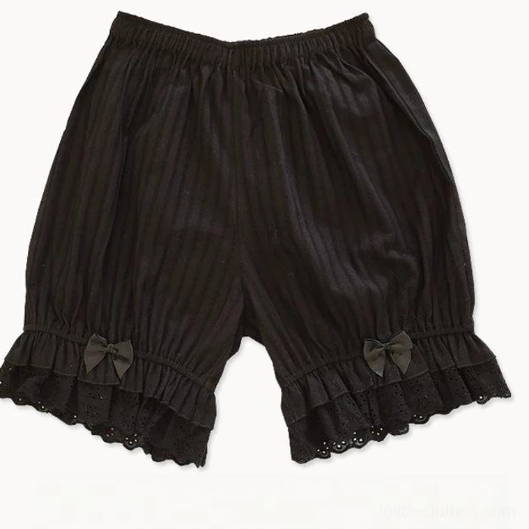 Front flat display of solid black lolita cotton bloomers featuring vertical striped premium cotton fabric texture, double-layer ruffled embroidered lace hem with delicate scalloped edge, small decorative bow accents, and elasticated waist design for authentic lolita aesthetic