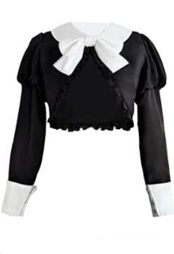 Cropped close-up detail view of black Gothic Lolita OP dress bodice showing white Peter Pan collar, large white bow tie, contrast white cuffs on puffed sleeves, ruffled hemline