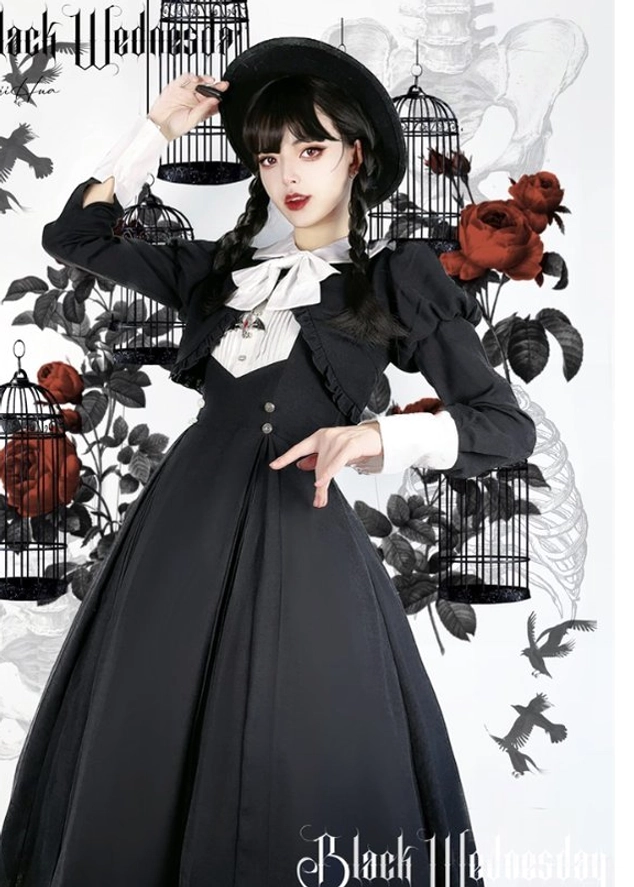 Black Gothic Lolita OP dress with coat ensemble displayed flat lay showing color, fabric texture, and construction details of complete collection set