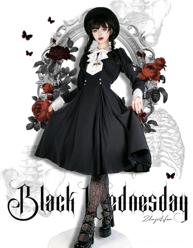 Black Gothic Lolita one-piece dress full front portrait against skeleton and red floral decoration background, model wearing black Gothic hat, fishnet stockings, platform shoes