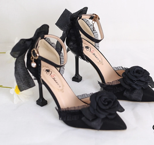 Black Lolita high heel sandals with detailed ankle strap black fabric rose mesh bow heel with pearl pendant decoration detail