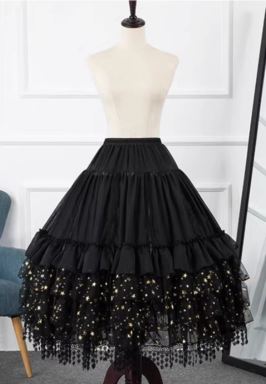 Black lolita hoop petticoat full front view on dress form mannequin with tiered ruffled layers and consistent sequin tassel hem design detail