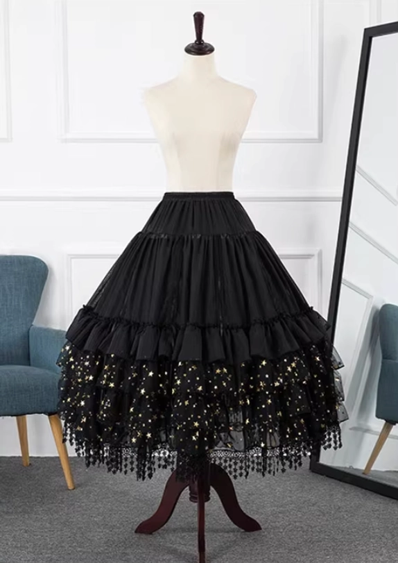 Single black lolita hoop petticoat front side display on dress mannequin tiered ruffled layers star sequin tulle hem with tassel trim