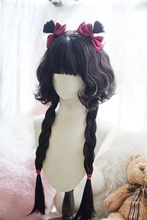 Black lolita jellyfish wig with cat ear hair accessories, small burgundy bows on braid terminals, front facing mannequin display