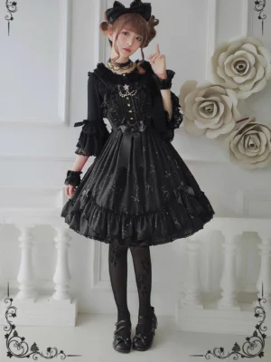 elegant-black-lolita-jsk-dress-constellation-foil-gold-print-full-body-front-view-model-white-balcony