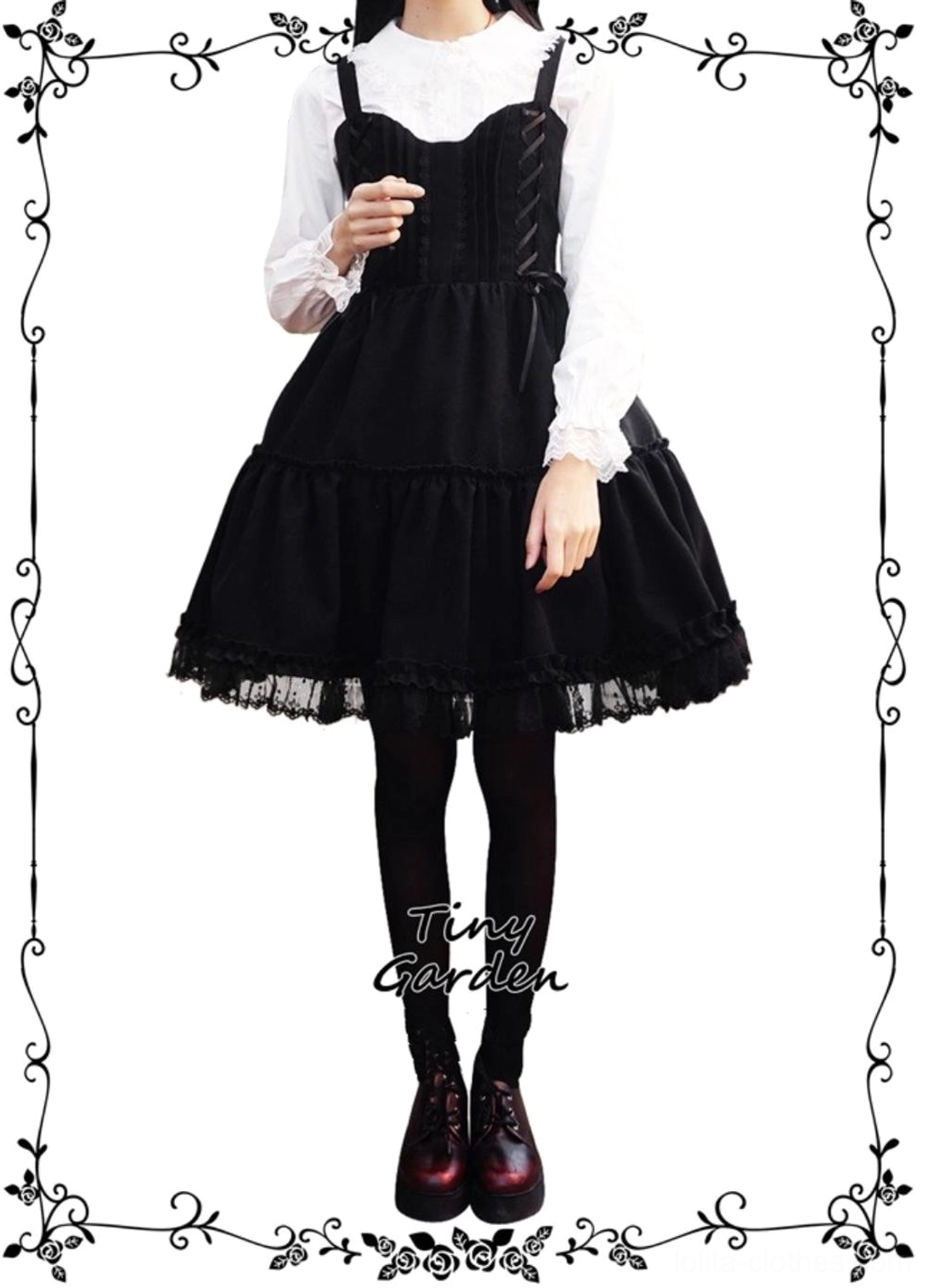 Black gothic lolita jsk with white inner blouse on female model full front view black tights black leather shoes tiered ruffled skirt