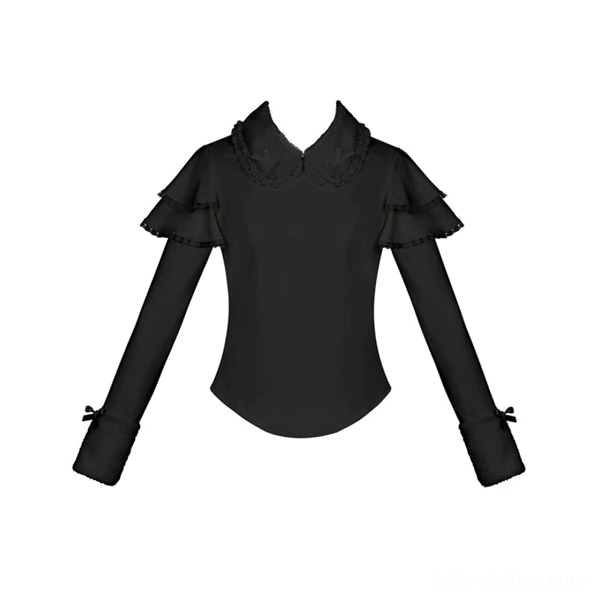 Black sweet lolita knit sweater Peter Pan collar detail close-up view showing lace trim and elegant neckline construction