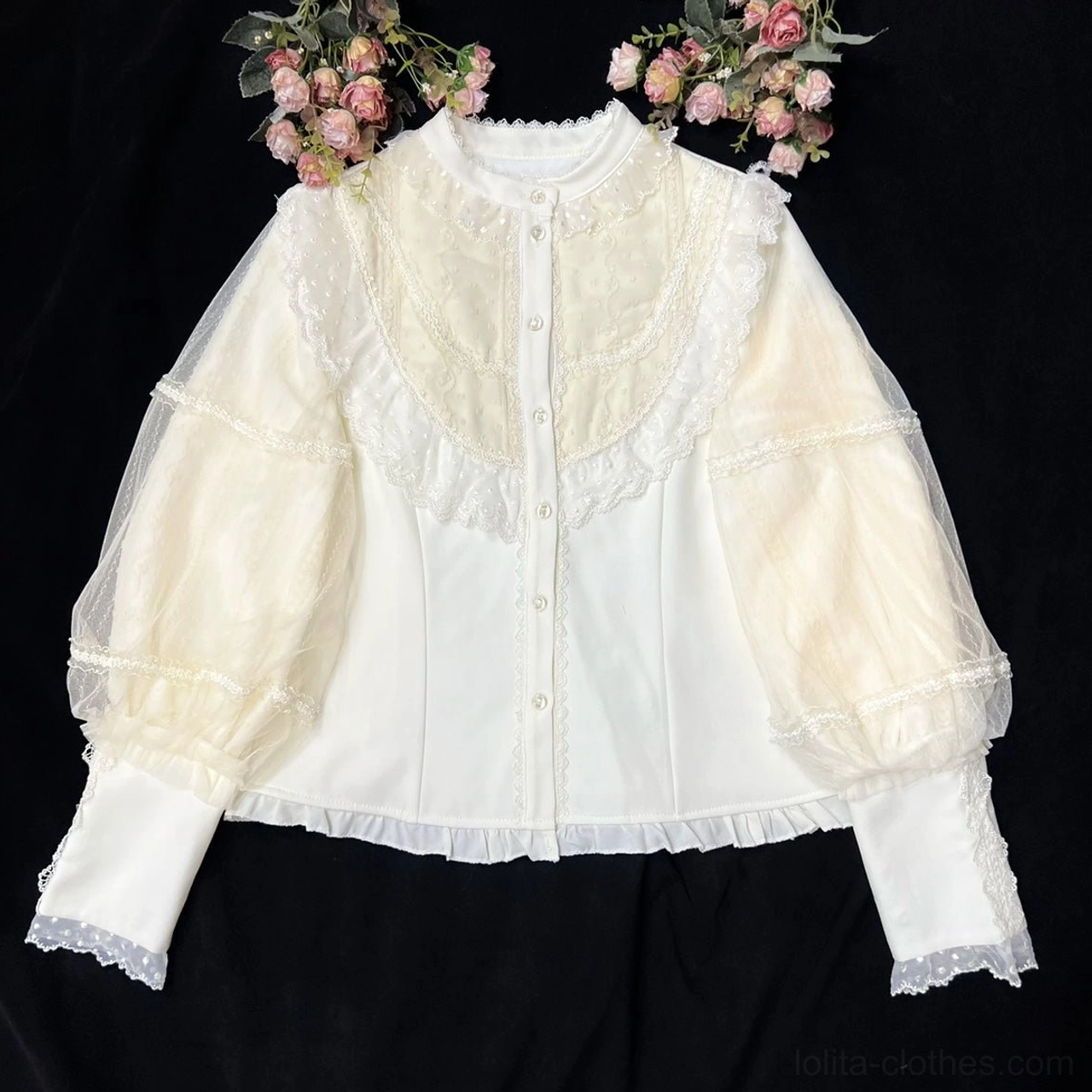 Black Lolita lantern sleeve blouse featuring embroidered lace chest panel, ruffled stand collar, sheer voluminous sleeves with ornate lace-trimmed cuffs, and gothic-elegant aesthetic for sophisticated coordinates