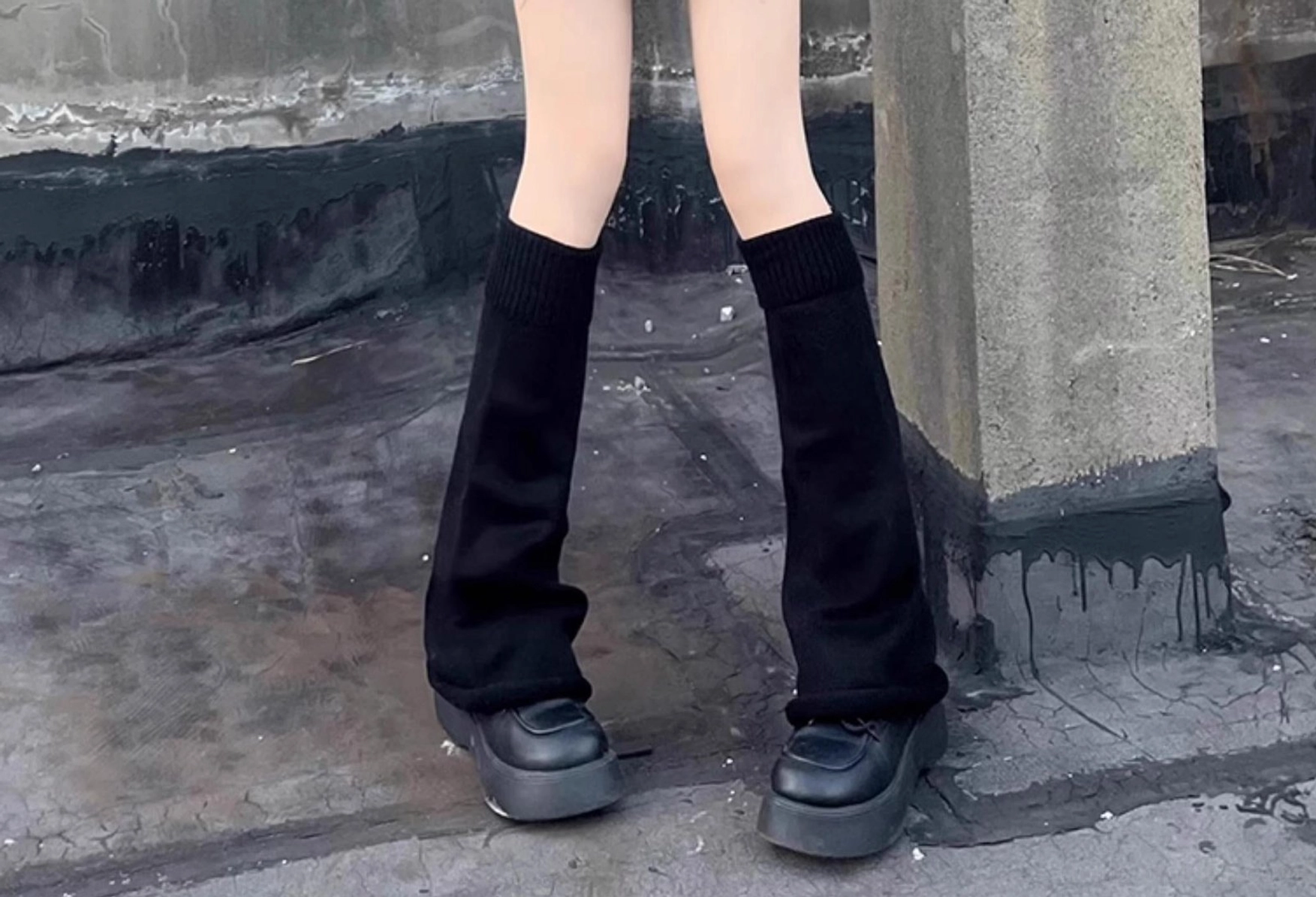 Black lolita leg warmers anti-slip transparent band roll rim no elastic mid-calf extended length knit
