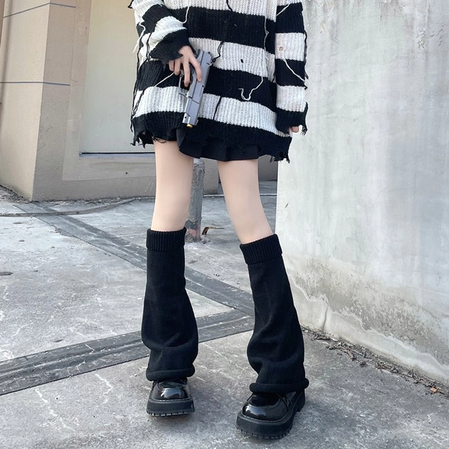 Black lolita leg warmers mid-calf knit with elastic band roll rim gothic lolita coordinate
