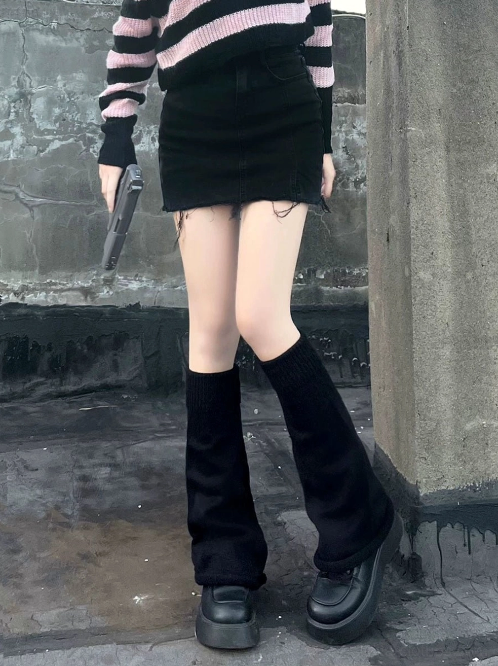 Black lolita leg warmers with elastic band and roll rim mid-calf ribbed knit secure fit