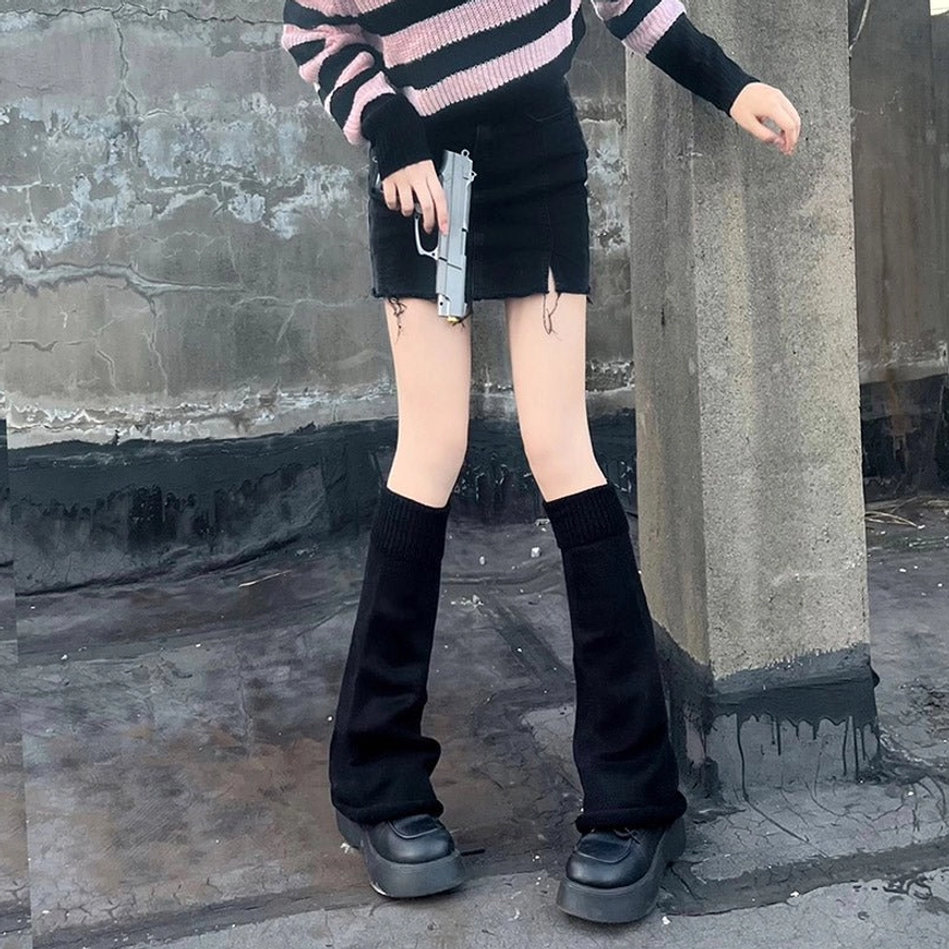 Black mid-calf lolita leg warmers without elastic anti-slip transparent band included extended length