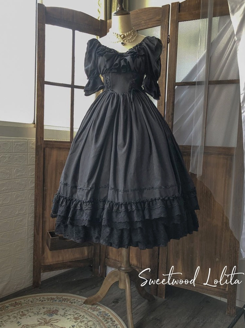 Black French Lolita one-piece long dress showing elegant proportions and gothic aesthetic all-day wear