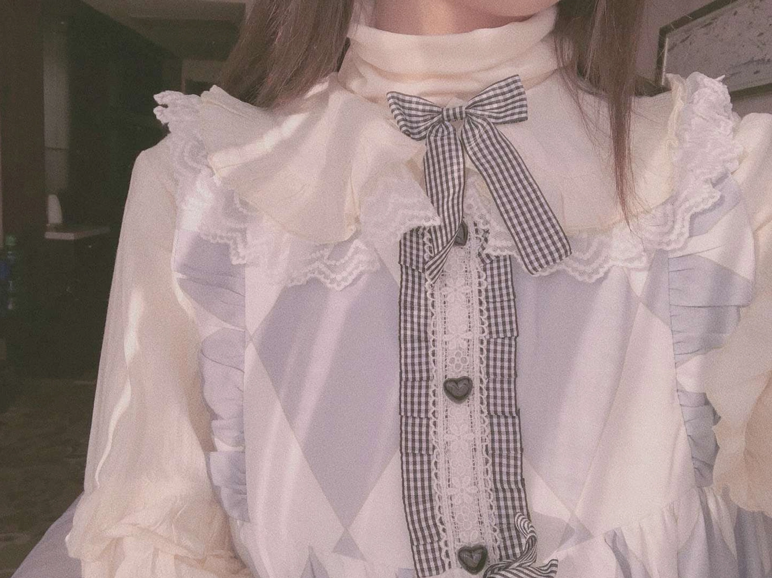 Black Lolita Long-Sleeve Blouse Gothic Elegant Ruffled Collar Detail Photography Sweet Goth