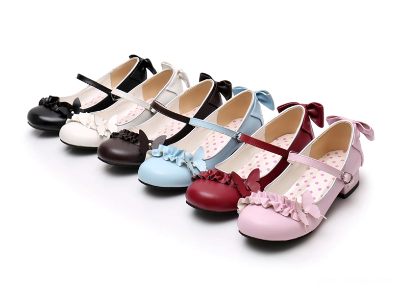 Black sweet Lolita Mary Jane handmade shoes detailed product shot heart shaped buckle strap ruffle toe decoration