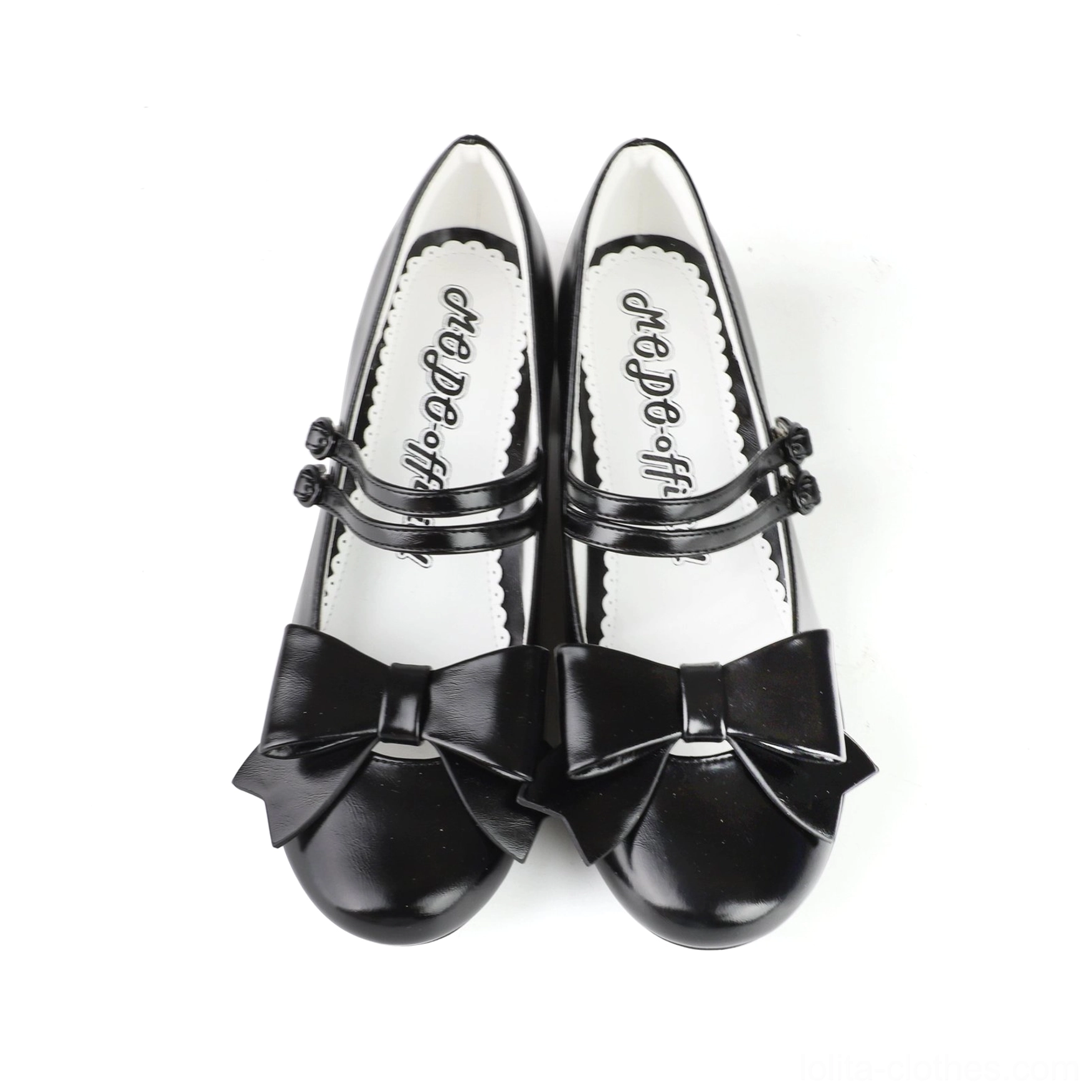 Black Lolita Mary Jane shoes detailed product shot glossy patent leather finish low block heel ankle strap decorative bow classic pointed toe design