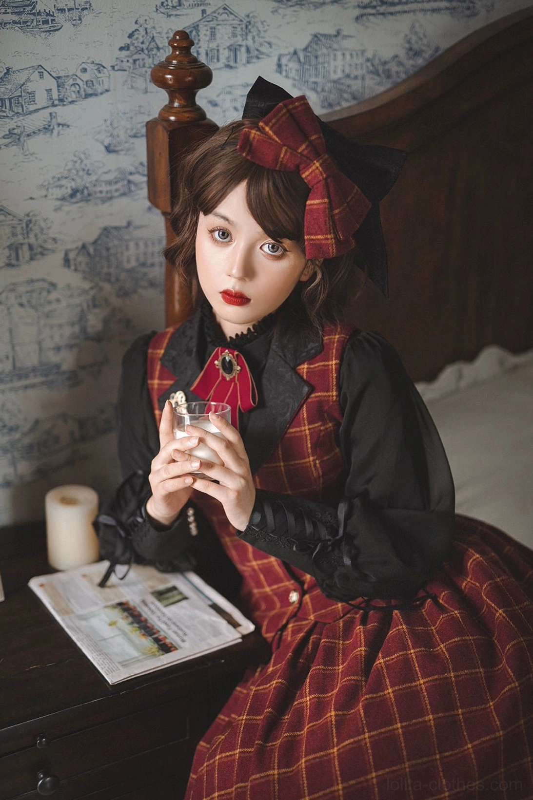 Black lolita mutton sleeve blouse back drawstring waist detail