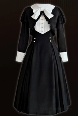 Black Gothic Lolita OP dress paired with matching black coat, full front view showing how pieces coordinate together for spring collection ensemble